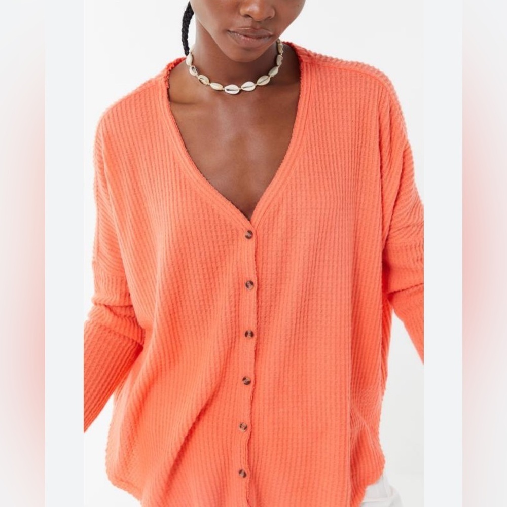 Out From Under Jojo Waffle Knit Cardigan Persimmon Oversized Button Front Medium